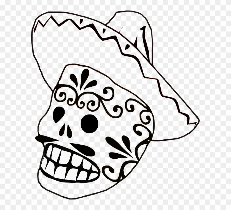 Mask, Mexican, Sombrero, Mustache, Grin - Mexican Calaveras Black And White Clipart