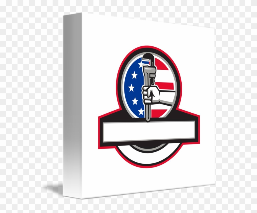 Plumber Hand Holding Pipe Wrench Flag Circle Banne - Plumber Clipart