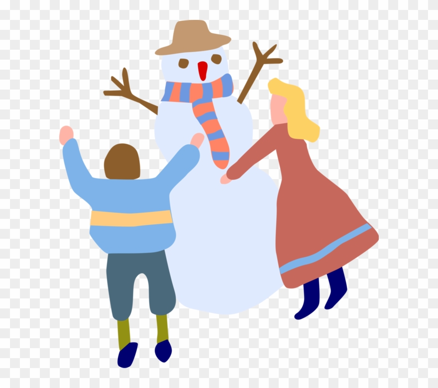 Vector Illustration Of Children Building Snowman Anthropomorphic - Illustration Clipart