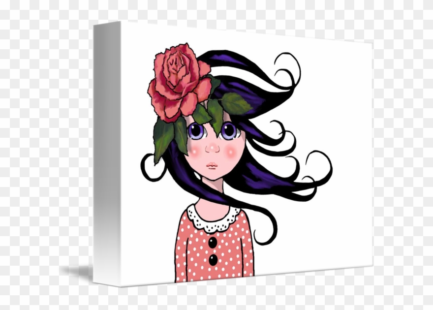 Enchanted Drawing Whimsical Banner Black And White - Big-eyed Girl, Curly Hair, Rose, Surreal Art Large Clipart
