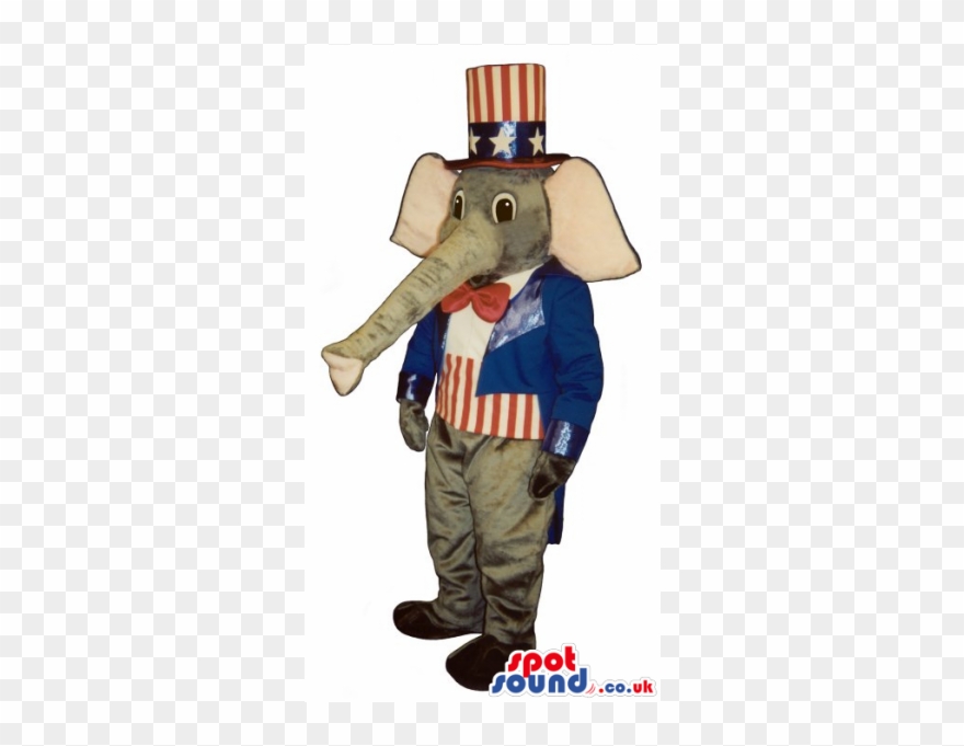 Grey Elephant Plush Mascot Wearing Uncle Sam Garments - Patriotic Elephant Lightweight Mascot Costume Clipart