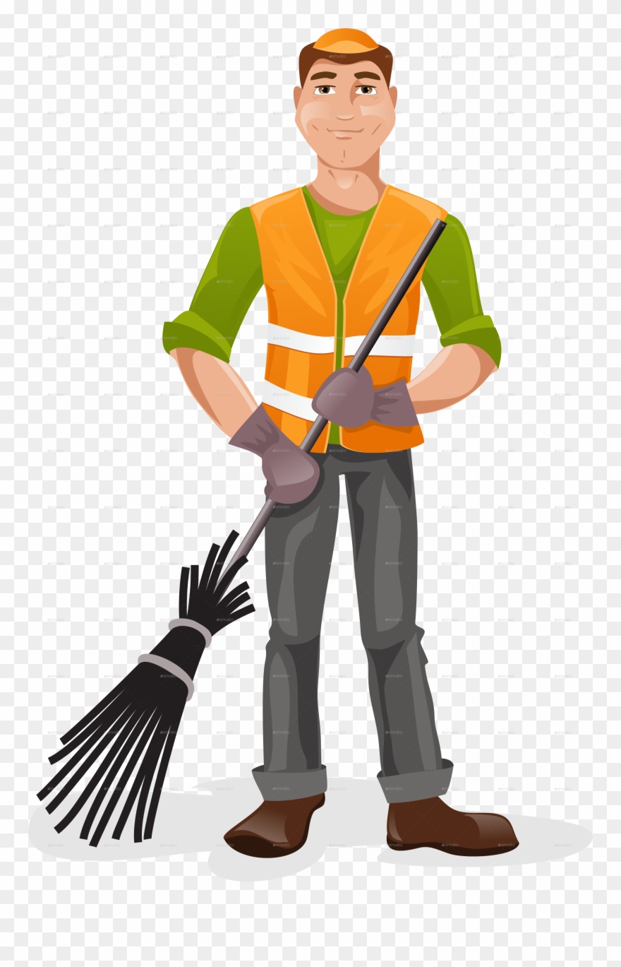 Illustration Of Janitor Cleaner Holding Broom Circle - Дворник Вектор Clipart