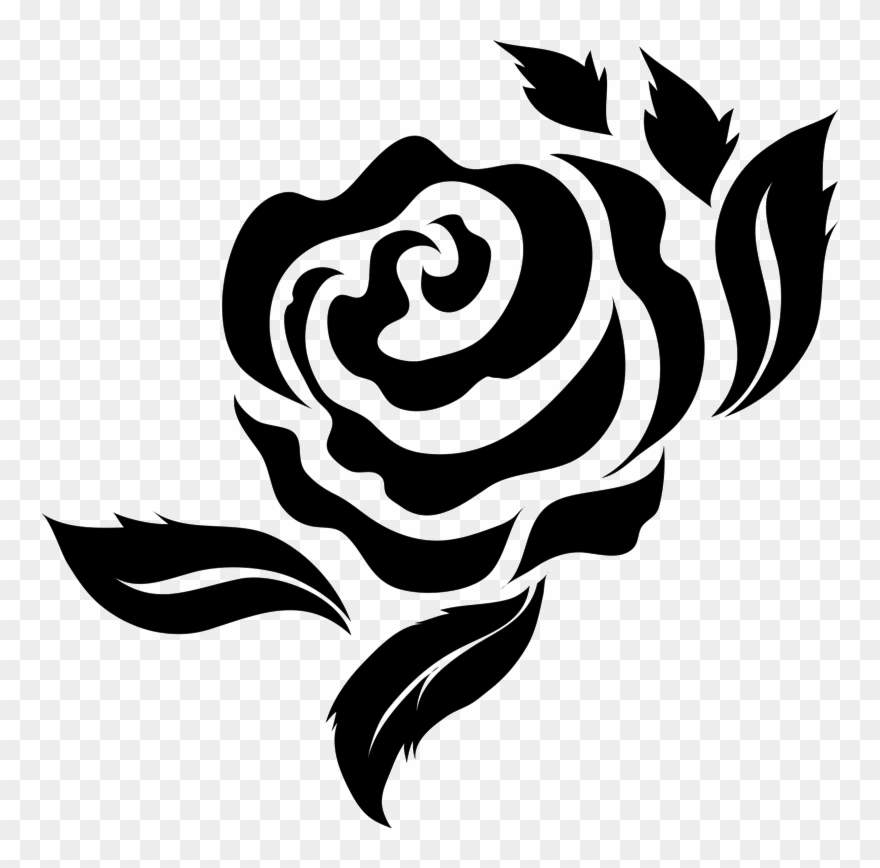 Bold Rose With Leaves Rubber Stamp - Rose Abstract Black And White Clipart