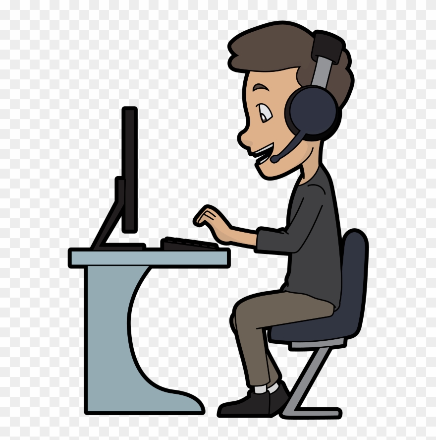 Cartoon Call Centre Guy Using A Computer - Cartoon Guy With Computer