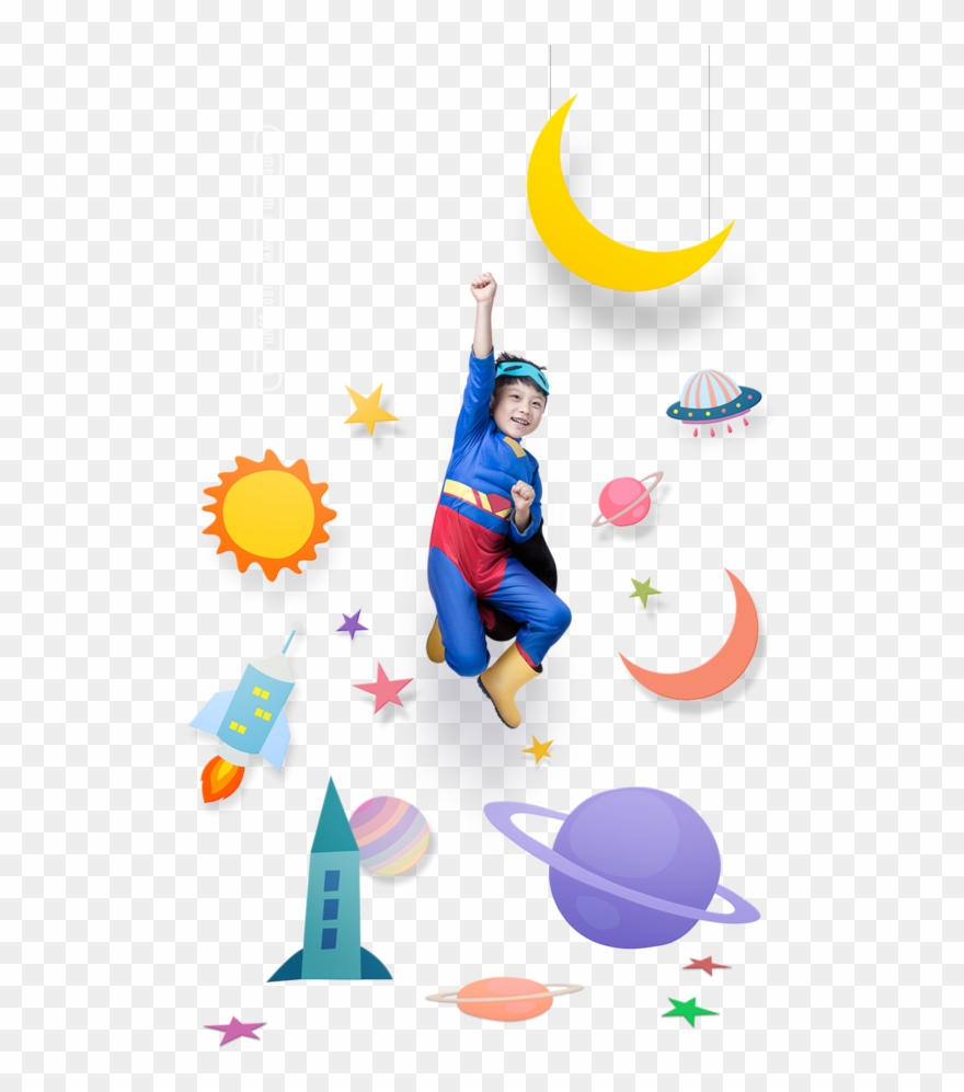 [美工云]六一儿童节卡通场景超人星空免抠 - - Child Clipart
