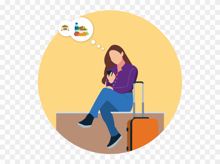 Tourist Using Mobile Phone Food Woman Flat App Travel - Sitting Clipart