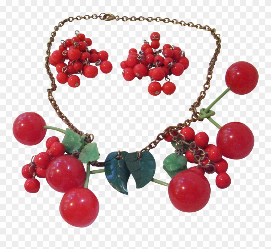 Vintage Bakelite Cherry Necklace Cluster Earrings Book - Bead Clipart