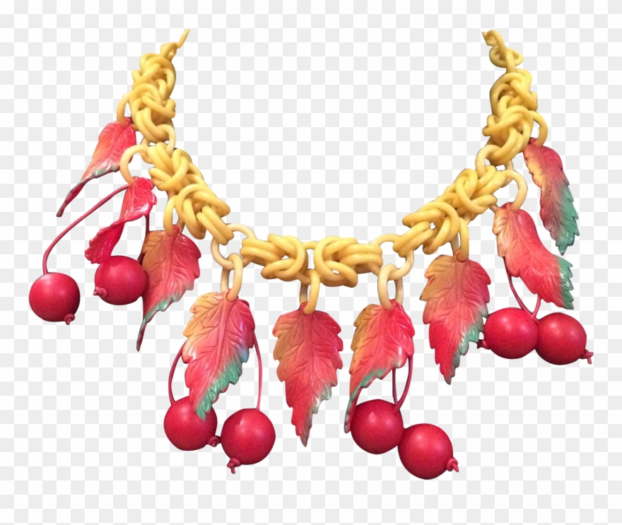 Vintage Red And Yellow Celluloid Cherry And Leaf Necklace - Necklace Clipart