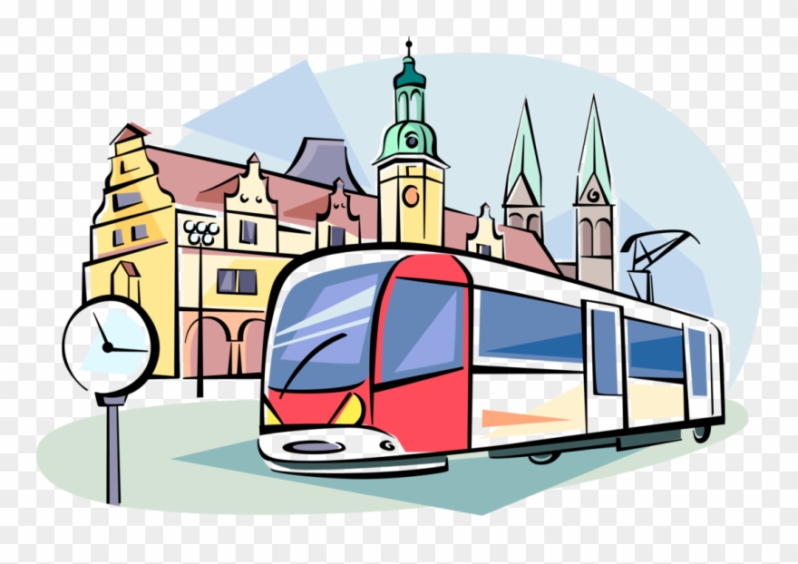 Vector Illustration Of European Transportation Tram - Castle Clipart