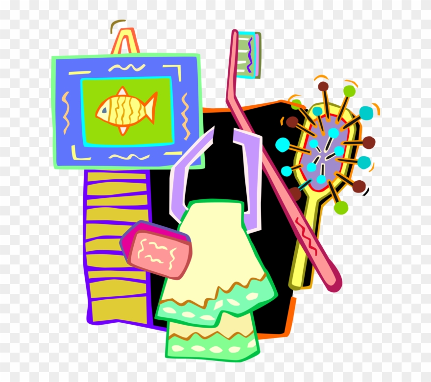 Vector Illustration Of Bathroom Toiletries With Towels, Clipart