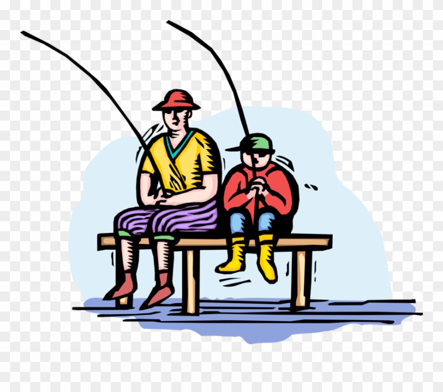 Vector Illustration Of Father And Son Fish From Dock - Pai E Filho Vetor Pescaria Clipart