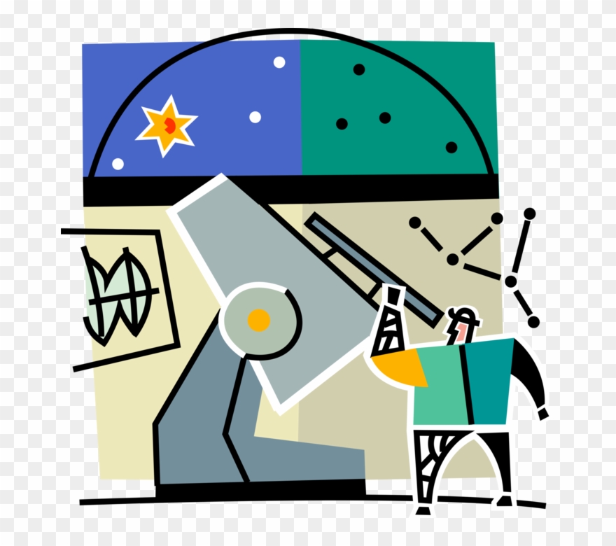 Vector Illustration Of Astronomer At Observatory Looks - Cartoon Clipart