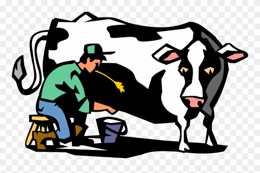 Vector Illustration Of Dairy Farmer Milking Holstein - Farmer Milking Cow Cartoon Clipart