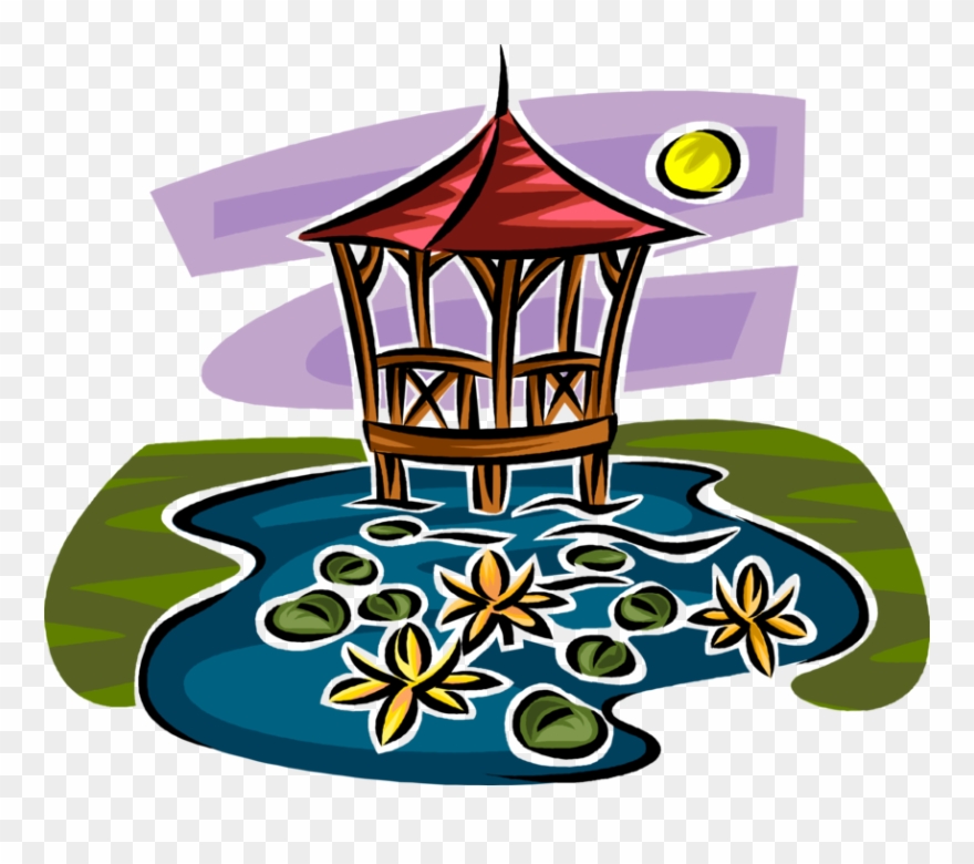 Vector Illustration Of Gazebo In Garden Pond With Lily - Gazebo Vector Clipart