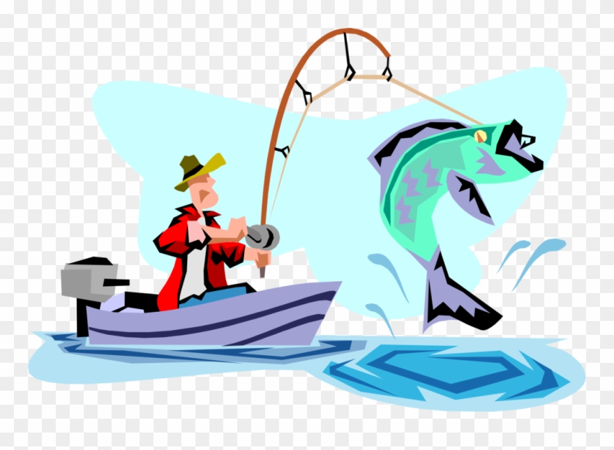 Vector Illustration Of Sport Fisherman Angler In Motorboat - Cartoon Of Someone Fishing Clipart