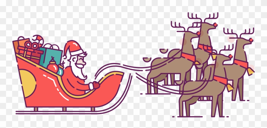 Santa In Sleigh Pulled By Reindeer Clip Art - Reindeer - Png Download