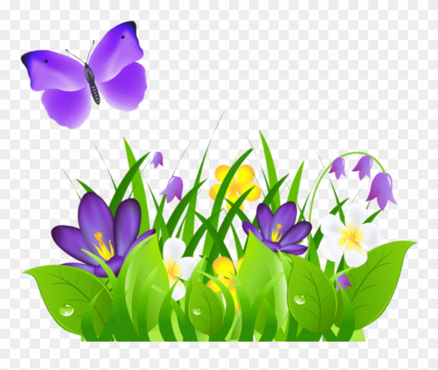 Free Png Purple Flowers Grass And Butterflypicture - Butterfly Flower Clip Art Transparent Png