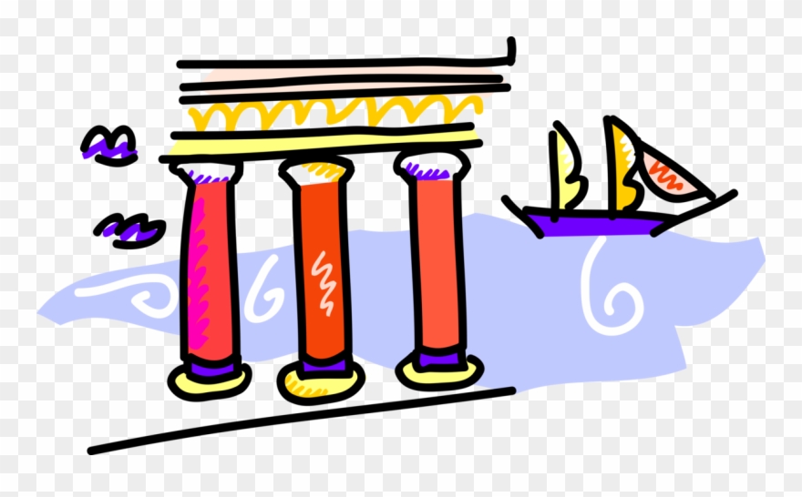 Vector Illustration Of Sailboat With Greek Temple Column Clipart