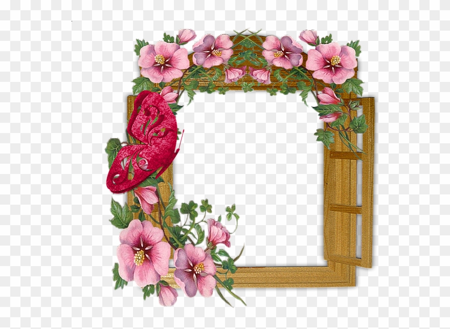 Wooden Winow With Flowers And Butterfly Transparent - Flowers Photo Frame Download Clipart