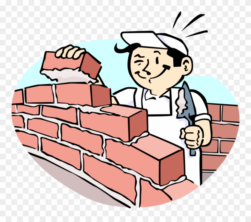 Vector Illustration Of Mason Bricklayer Builds Masonry Cartoon People