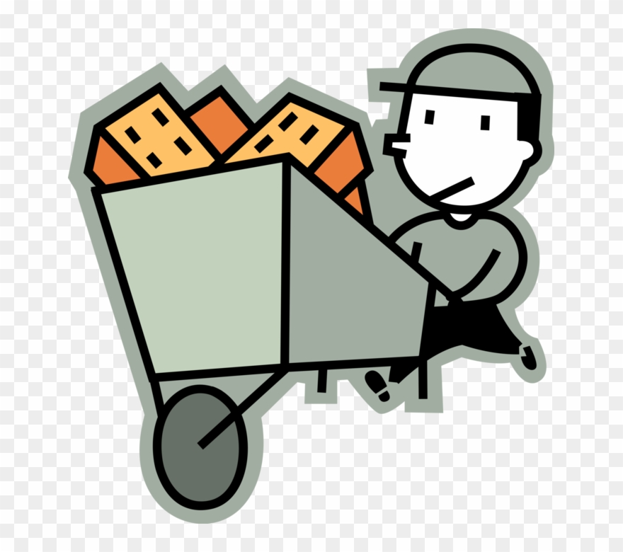 Vector Illustration Of Mason Bricklayer With Wheelbarrow - Brick Clipart