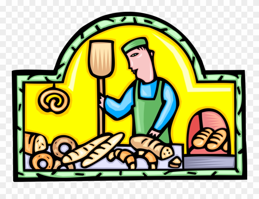 Vector Illustration Of Baker Baking Bread In Commercial Clipart