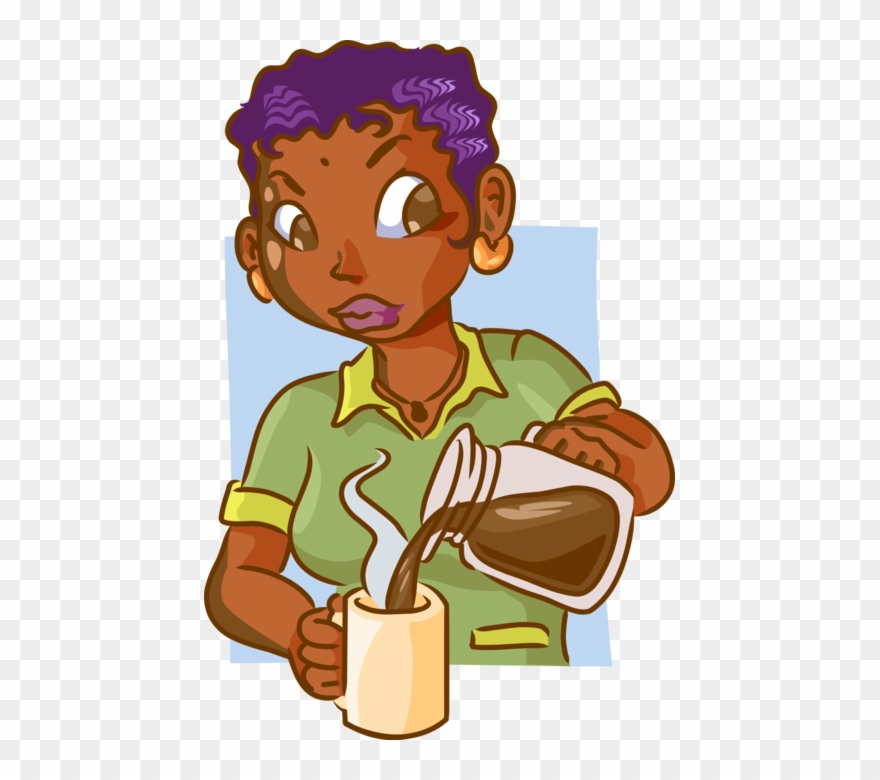 Vector Illustration Of Pouring Cup Of Coffee Into Mug - Cartoon Clipart