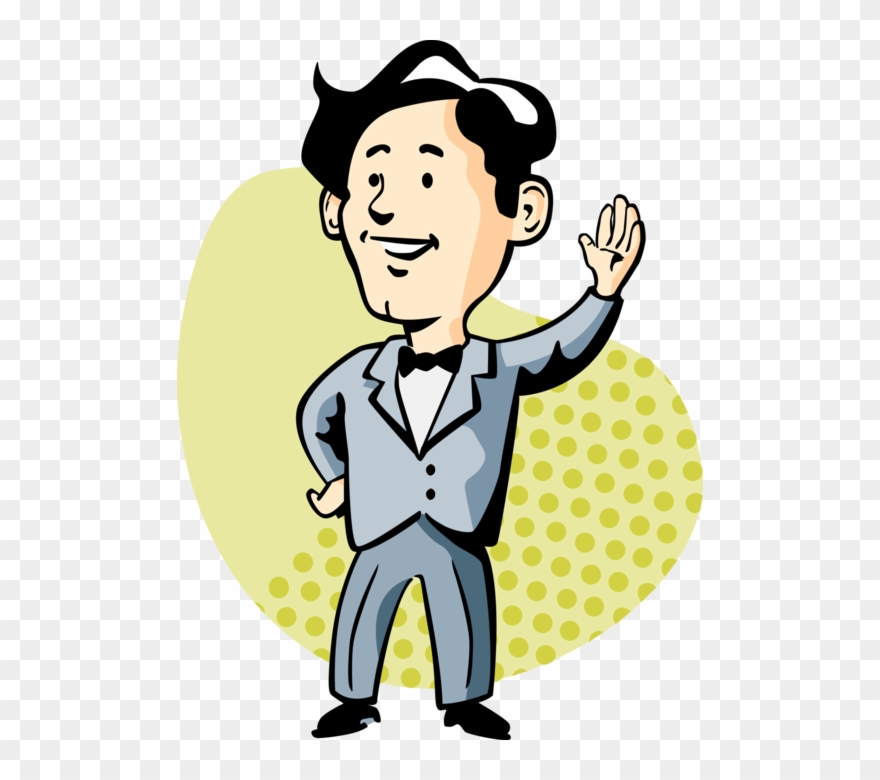 Vector Illustration Of Sharp Dressed Man With Bow Tie - Cartoon Man Waving Clipart