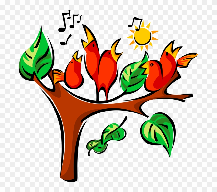 Vector Illustration Of Singing Birds Sing In Tree Under - Birds Singing In The Trees Clipart