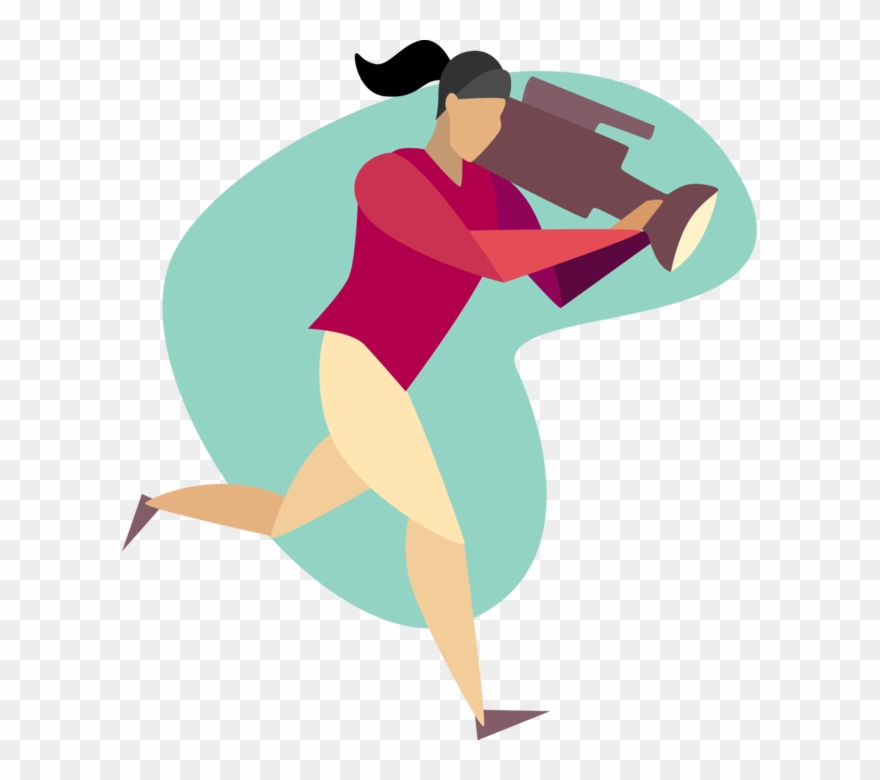 Vector Illustration Of Camerawoman Running With News - Illustration Clipart