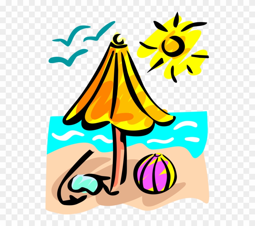 Vector Illustration Of Beach With Umbrella, Beach Ball - 2018 End Of School Year Clipart