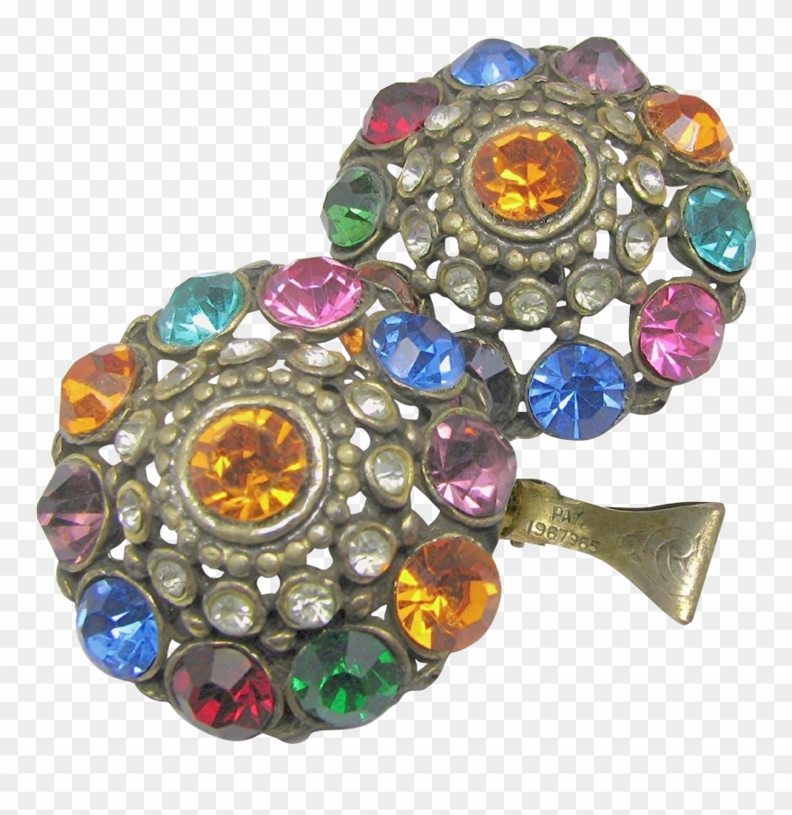 Large Jewel-tone Art Deco Rhinestone Pierced Metal - Art Deco Jewel-tone Rhinestone Earrings 'n Clip Pat.1967965 - Png Download