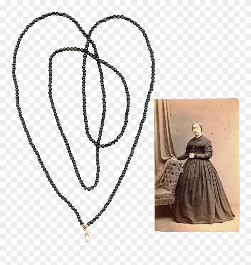 Long Black Treen Guard Or Muff Chain And Illustrative - Rote Perlenkette Clipart