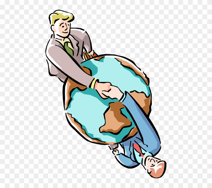 Vector Illustration Of Businessmen Shake Hands In Global Clipart