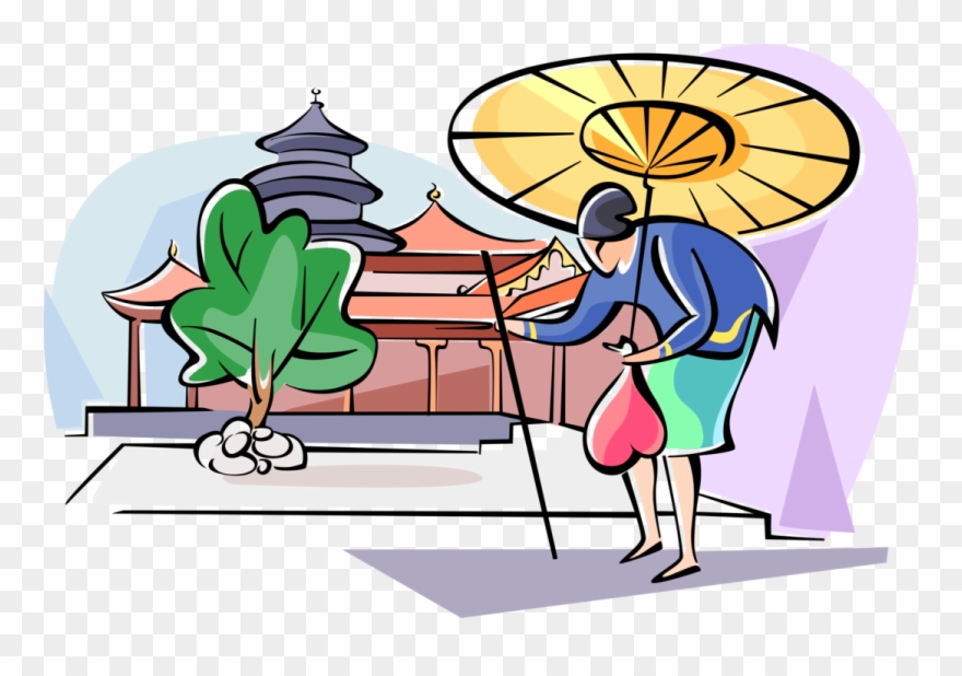 Vector Illustration Of Japanese Woman Walking With - Cartoon Clipart