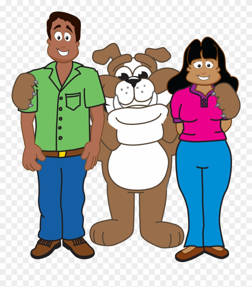 Bulldog With Adults - Cartoon Man And Woman Clipart