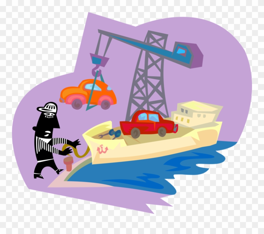 Vector Illustration Of Automobiles Being Loaded By - Ship Clipart