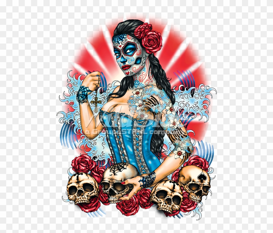 Day Of The Dead Pinup With Skulls And Roses - Day Of The Dead Pinup Clipart