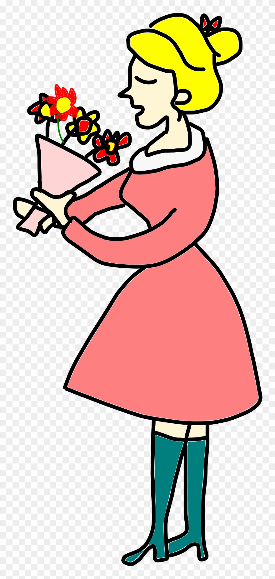 Clipart - Lady With Flowers Cartoon - Png Download