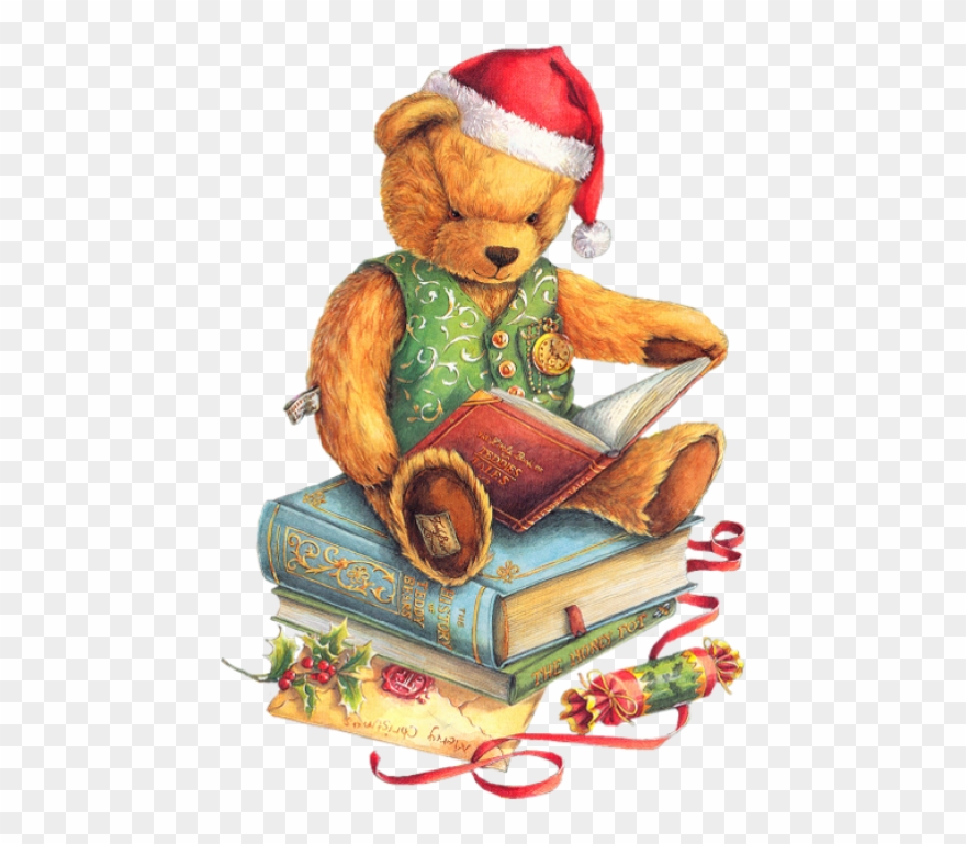 Christmas Teddy Bear With Santa Hat And Books Png - Christmas Teddy Bear Book Clipart
