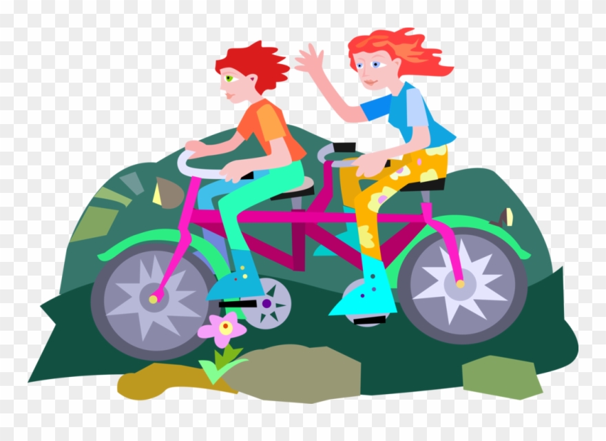 Vector Illustration Of Cycling Enthusiasts Ride Tandem - Illustration Clipart