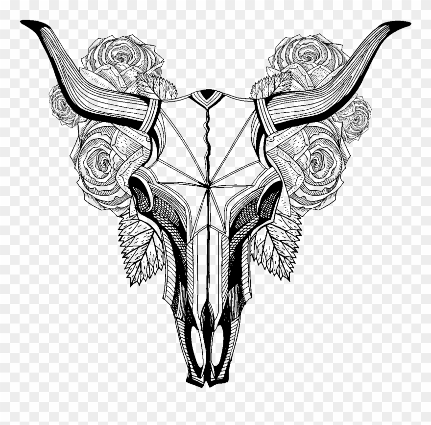 Sticker Boheme Tete De Buffle Avec Fleurs Ambiance - Tete De Buffle Dessin Clipart