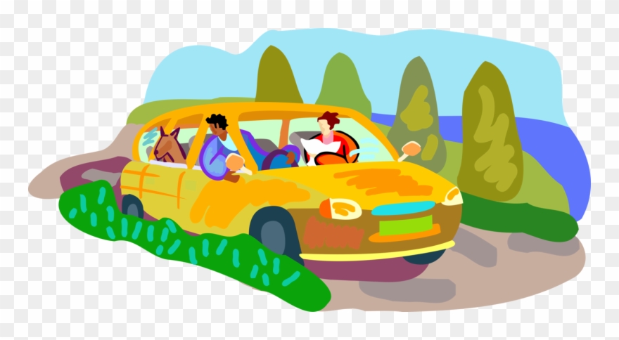 Vector Illustration Of Family On Road Trip In Automobile - Hombre Es La Base De La Familia Clipart