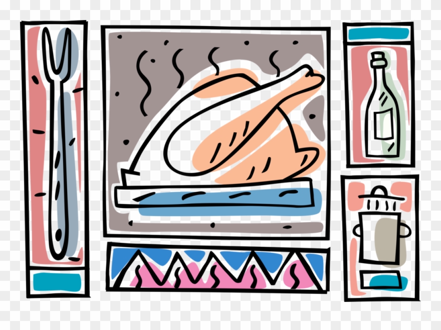 Vector Illustration Of Roast Turkey Poultry With Kitchenware - Turkey Meat Clipart