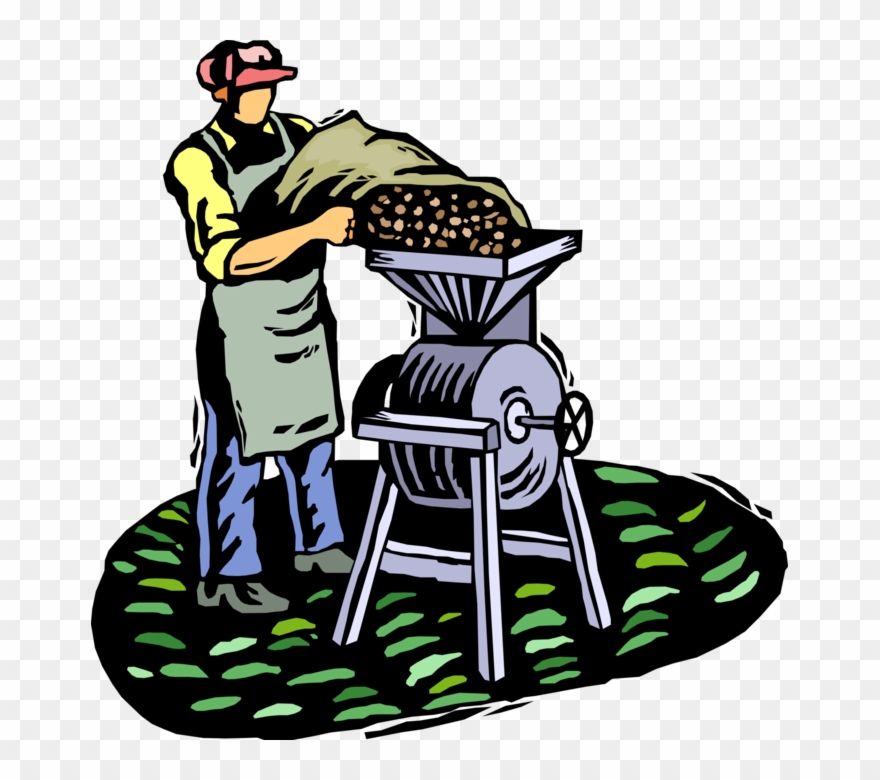 Vector Illustration Of Farmer Loads Nut Crop Into Manual - Construction Materials Mixing Cartoon Clipart