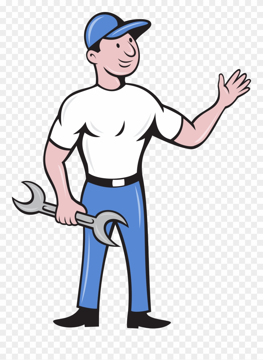 Mechanic Hold Spanner Waving Hand Cartoon Card Clipart