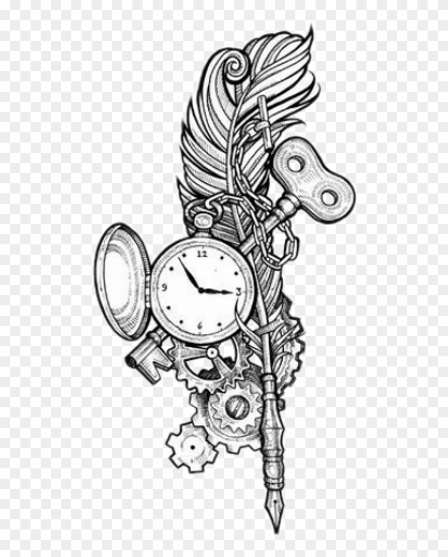 Feather Feathertattoo Pocketwatch Key Tattoodesign - Pocket Watch Tattoo Designs Clipart