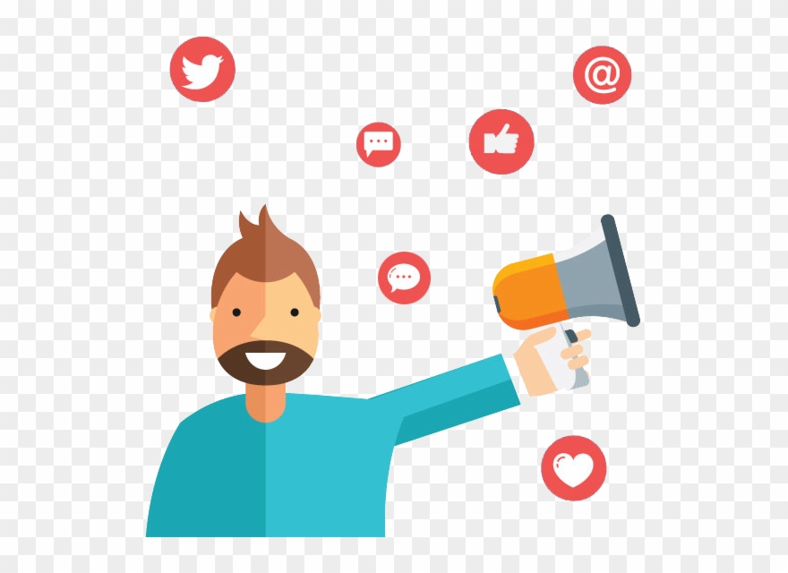 Man Holding Megaphone Surrounded By Social Media Emojis Clipart