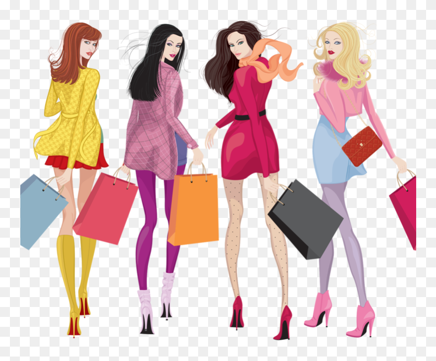 Graphic Transparent Library Art Fashion Illustration - Four Beautiful Young Women With Shopping Tote Bag Clipart