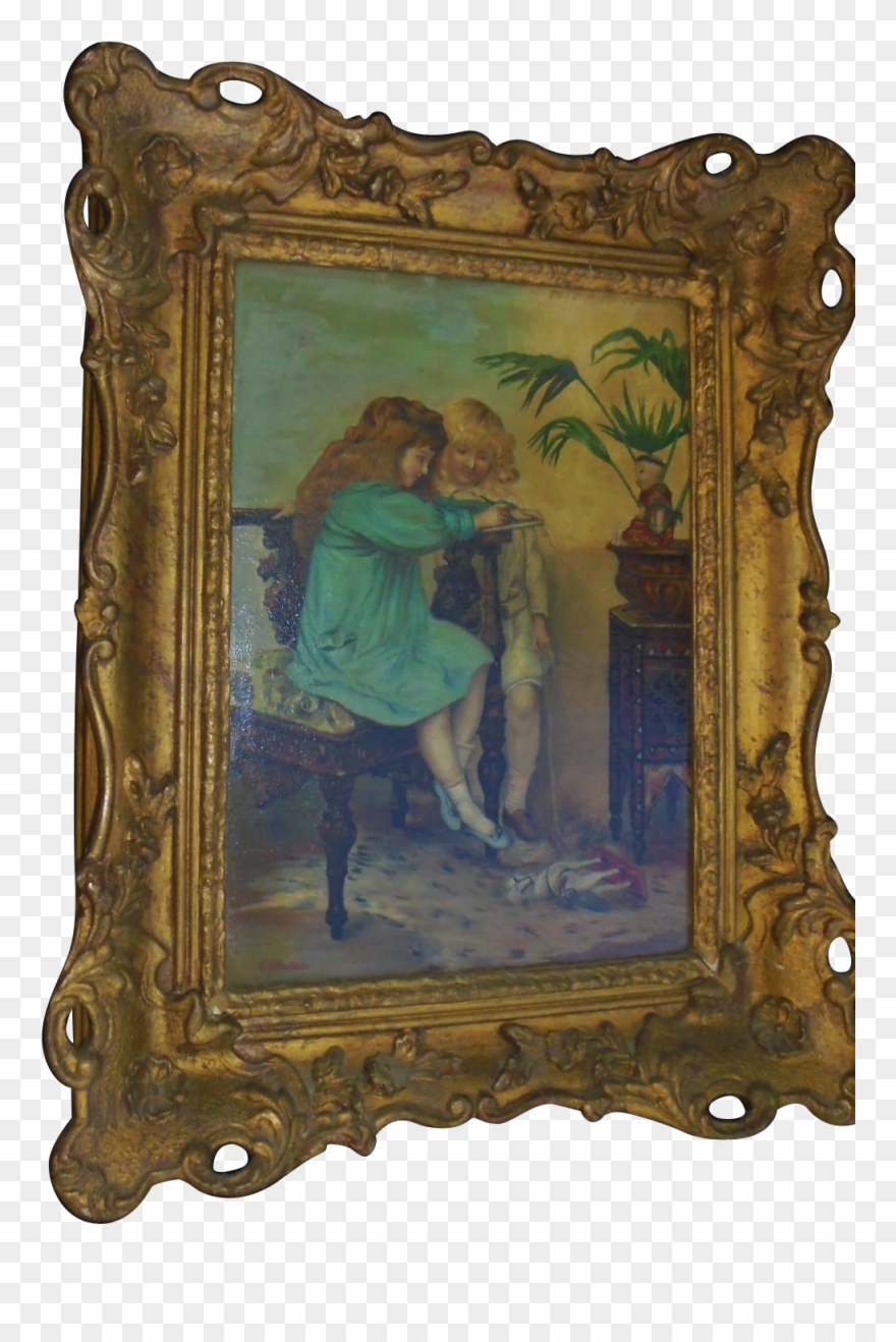 Signed Antique Oil Painting Little Girls Children Portrait - Picture Frame Clipart